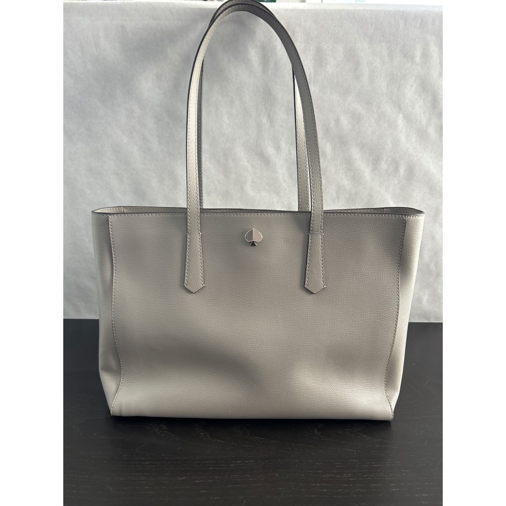 Kate Spade New York Pebbled Leather Tote Bag Grey Taupe Center Zip Compartment